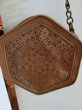 Brown Floral Laser-Cut Hexagon Crossbody Bag